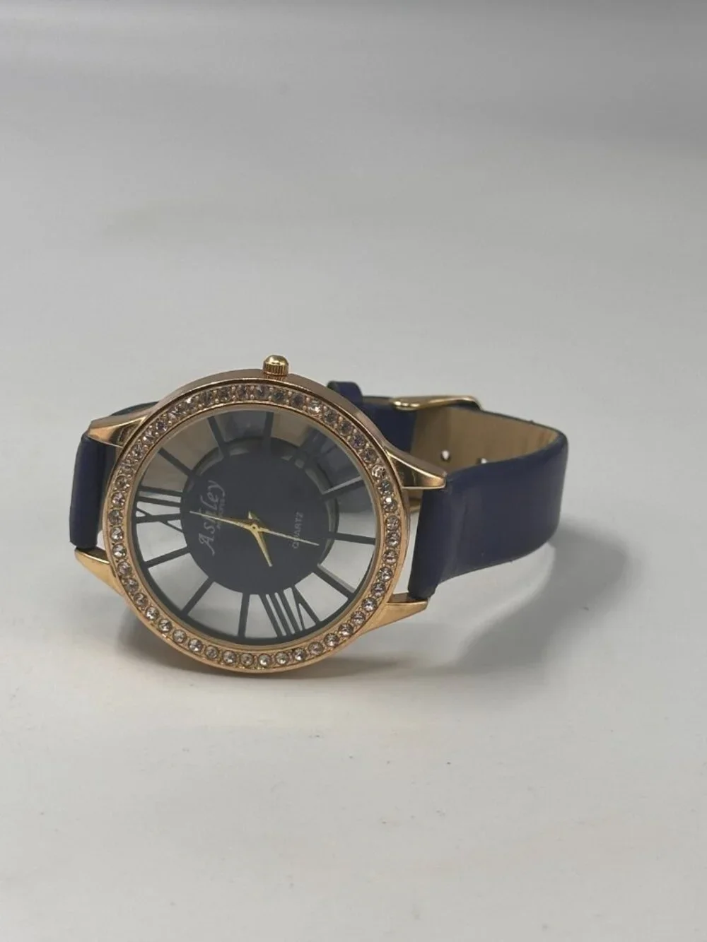 3/$30 Ashley Princess Watch Women Gold Tone Blue Navy Faux Leather Band 9